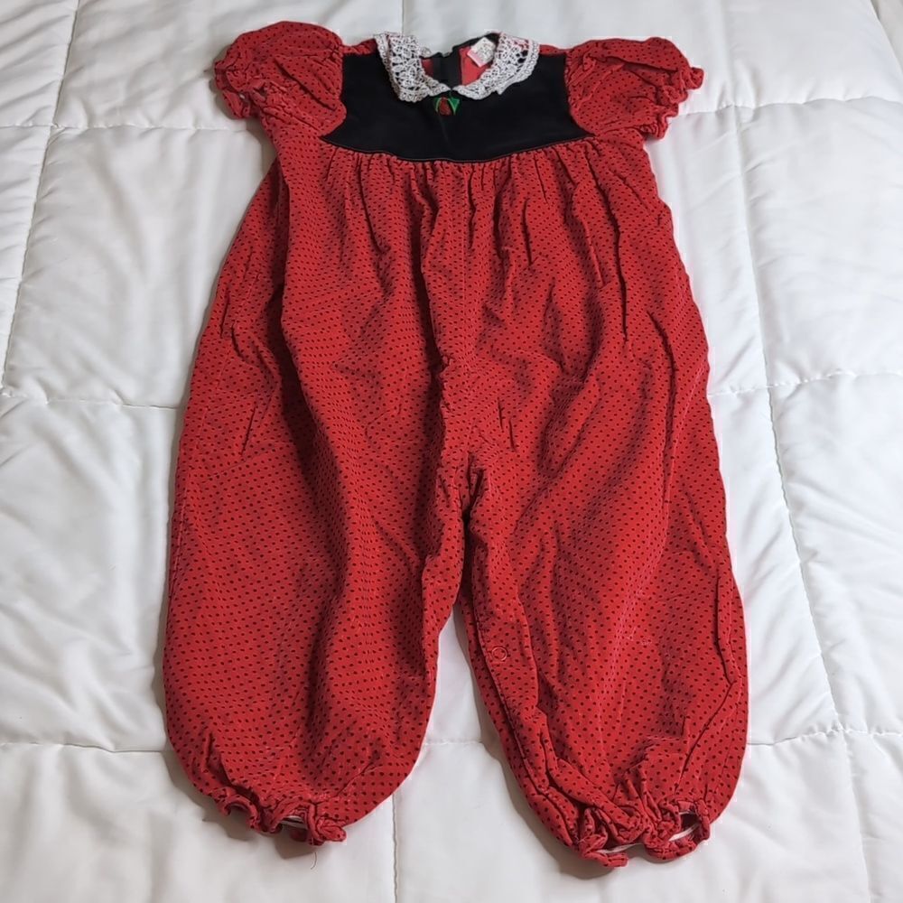 Vintage 24 months Baby Girl Cotton Short Sleeve Romper Red with Black Polka Dots